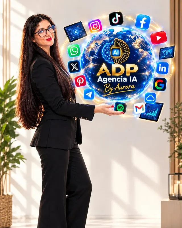Aurora, fundadora de ADP, sosteniendo un mundo digital rodeado de redes sociales