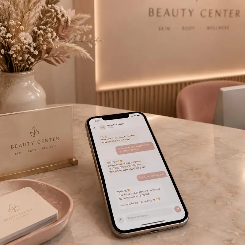 Móvil en la recepción de un centro de estética con una conversación para reservar cita